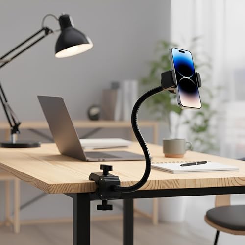 Gooseneck Bed Phone Holder, Flexible Long Arm for Microphone Boom Arm Tube Pipes, Overhead Mount Clip On for Bedside, Tableside, Headboard, Adjustable Phone Stand Lazy Bracket