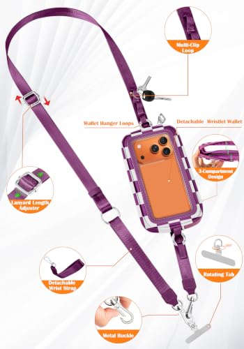 takyu Phone Strap Crossbody with Detachable RFID Wallet - color: Purple White Checkered