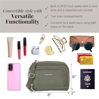 Baggallini Triple Zip with Front Wallet/Trifecta RFID Wallet Crossbody - color: Thyme