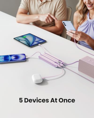 Portable Charger with Built-in Cable, 10000mAh Slim USB C Power Bank, External Battery Pack 5 Outputs 2 Inputs LED Display Compatible with iPhone/Android & More (Lavender) - color: Lavender