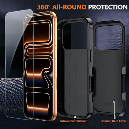 for Apple Recommend Shockproof iPhone 17 Pro Max Case,[15 FT Military Grade Drop Protection],with 2X [Kevlar 9H Glass Screen Protector] Air Bumpers Full-Body Protective Phone Case, Matte Black