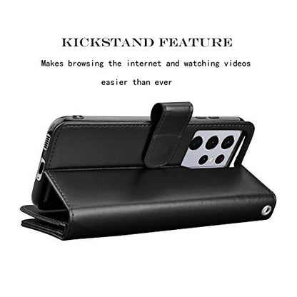 Njjex Wallet Case for Galaxy S21 5G - 9 Card Slots, PU Leather, Detachable Kickstand, Magnetic Cover & Lanyard - Black - color: Black