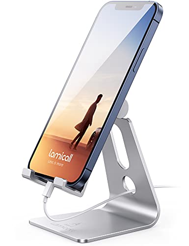 Lamicall Aluminum Cell Phone Stand, Adjustable Desk Phone Holder for iPhone - color: Silver