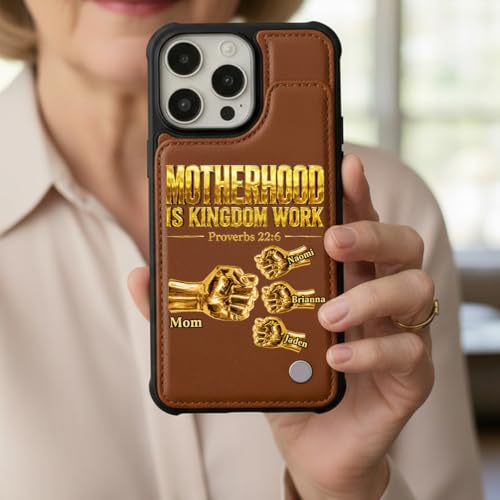 Fatherhood is Kingdom Work Golden Fist Bump Personalized Leather Flip Wallet Phone Case Custom Protective Cellphone Cover Religious Gift for Dad Husband