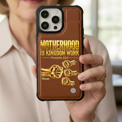 Fatherhood is Kingdom Work Golden Fist Bump Personalized Leather Flip Wallet Phone Case Custom Protective Cellphone Cover Religious Gift for Dad Husband