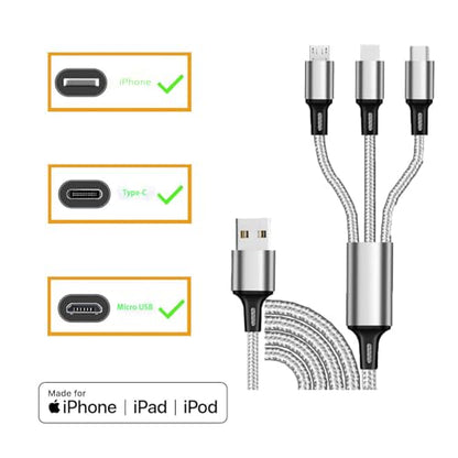 Multi Charging Cable, 3 in 1 USB Cable, Silver - color: Silver