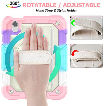 SEYMAC stock Case for iPad Mini 7 (A17 Pro)2024/ Mini 6 8.3'' with Screen Protector Pencil Holder [360 Rotating Hand Strap] &Stand, Drop-Proof Case for iPad Mini 7th/6th Generation 8.3",Yellowish+Pink - color: Yellowish+Pink