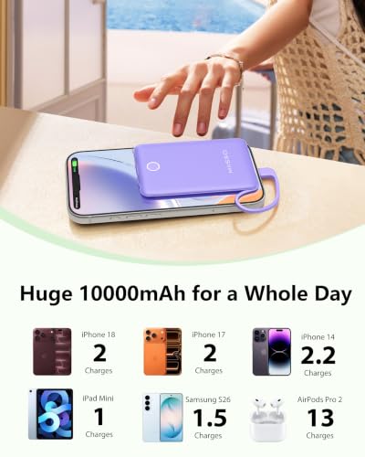 miisso 10000mAh Mini Portable Charger with Built in Cable, Purple - color: Purple