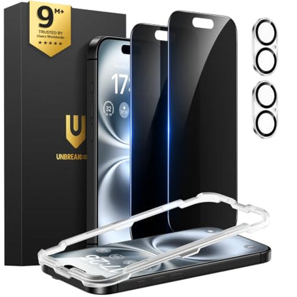 UNBREAKcable iPhone 16 Plus Privacy Screen Protector 2-Pack, Upgraded Dual-Tempered Glass + 2 Camera Lens Protectors, 25° Anti-Spy, Military-Grade 9H+, HD Clear, Anti-Fingerprint, 6.7 Inch - size: iPhone 16 Plus