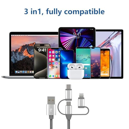 MFi Certified 3 in 1 Multi Charging Cable, 2Pack - size: 2 Pack,3.4ft