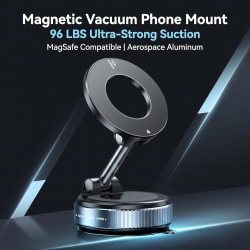 【96LBS Ultra Suction】Vacuum Magnetic Car Phone Holder for MagSafe, 2026 Upgraded 360° Reinforced Phone Mount for Car Dashboard Windshield Mirror, Compatible with iPhone 17 16 15 Pro Max & All Phones