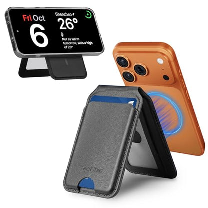 Magnetic Phone Wallet Stand for iPhone,4-Card Holder with RFID Blocking,6X Stronger Magnet,0.28in Slim Vegan Leather,Built-in Mirror &180° Stand for iPhone 17/16/15/14/13/12 Series(Black) - color: Black