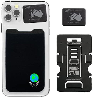 Phone Wallet - Adhesive Card Holder - Cell Phone Pouch - Stick on Lycra Pocket by Gecko - Carry Credit Cards and Cash - color: EARTH BLACK