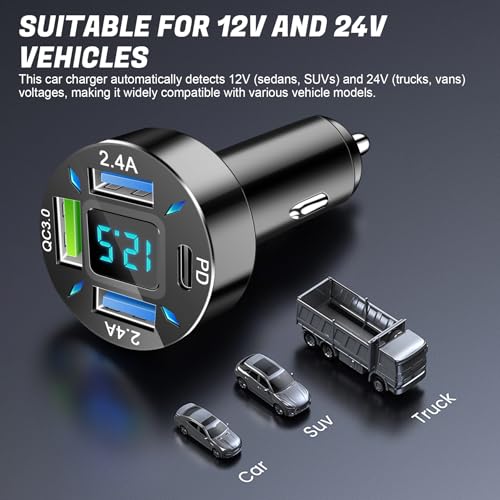 LivTee 4-Port Car Charger, 12-24V Cigarette Lighter Adapter with 3 USB & 1 USB-C Port, Supports QC/PD Fast Charging, Features Digital Display and LED Lights, Fits iPhone, Fits Samsung and More Phones
