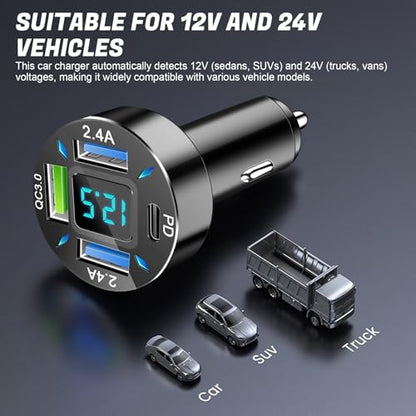 LivTee 4-Port Car Charger, 12-24V Cigarette Lighter Adapter with 3 USB & 1 USB-C Port, Supports QC/PD Fast Charging, Features Digital Display and LED Lights, Fits iPhone, Fits Samsung and More Phones