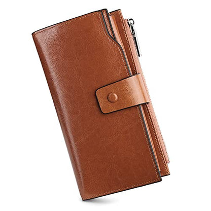 YALUXE Women's Real Leather Wallet RFID Protect 21 Card Slots Phone Pocket - color: 8- Waxed DarkBrown, size: Genuine Leather