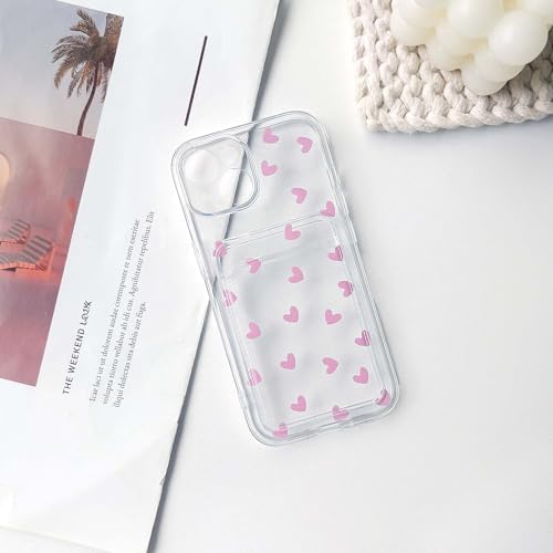 NITITOP Compatible with iPhone 14 Case Clear with Card Holder Cute Pink Love Heart Pattern Design Design Soft TPU Shock-Absorbing Wallet Case Protective Cover - Pink - color: Pink, size: iPhone 14