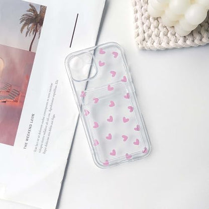 NITITOP Compatible with iPhone 15 Plus Case Clear with Card Holder Cute Pink Love Heart Pattern Design Design Soft TPU Shock-Absorbing Wallet Case Protective Cover - Pink - color: Pink, size: iPhone 15 Plus