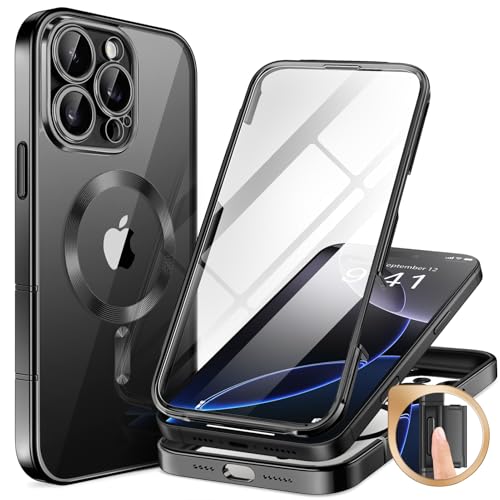 BERFY Magnetic for iPhone 16 Pro Max Case 6.9", [Compatible with Magsafe] Built-in 9H Tempered Glass Screen Protector & Upgraded Camera Protection, Full-Body Plating Phone Case for 16 ProMax, Black