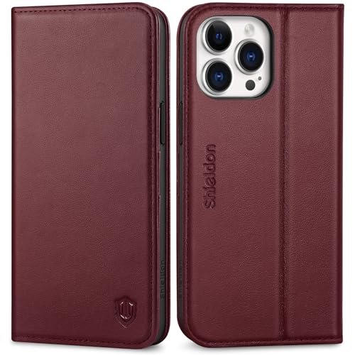 SHIELDON Genuine Leather Case Wallet for iPhone 15 Pro Max 6.7", Wine Red | Folio Magnetic Closure, RFID Blocking, Credit Card Holder, Kickstand, Shock Absorbing Protective Cover - color: Wine Red
