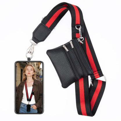 BARGIFTS Clip and Go Strap for Phone with Wallet Crossbody, Cell Phone Lanyard with Zippered Pouch, Adjustable Phone Strap Crossbody with Wallet - color: A-red&black