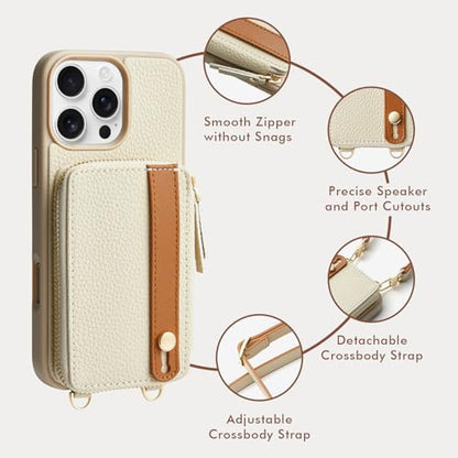 LAMEEKU Compatible with iPhone 16 Pro Case Wallet with Card Holder, Zipper Leather Crossbody Case with Phone Grip Holder Stand Wrist Strap for Women 6.3 inch Beige - color: Beige, size: iPhone 16 Pro 6.3''