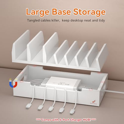 Bamboo Charging Station with 5 Port Charger HUB & 5 Cables-White - color: White