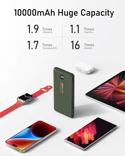 VEEKTOMX 10000mAh Portable Charger with Built-in Cables & Wall Plug - color: Dark Green