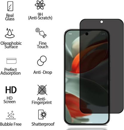 CJY For Google Pixel 9 Pro XL Privacy Screen Protector, 2+2 Pack Tempered Glass with Camera Lens Protector, 3D Curved HD Clear, Case Friendly, 9H Scratch Resistant, Fingerprint Unlock Compatible - color: Google Pixel 9 Pro XL Privacy