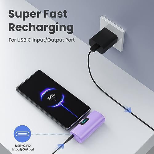 [2-Pack]Portable Charger for iPhone 17/16/15 Series,5200mAh PD USB C Power Bank Built-in USB-C Connector, Battery Pack Compatible with iPhone 17/17 Pro Max/16/15 Series,Galaxy,Android(Black+Purple) - color: Black+Purple