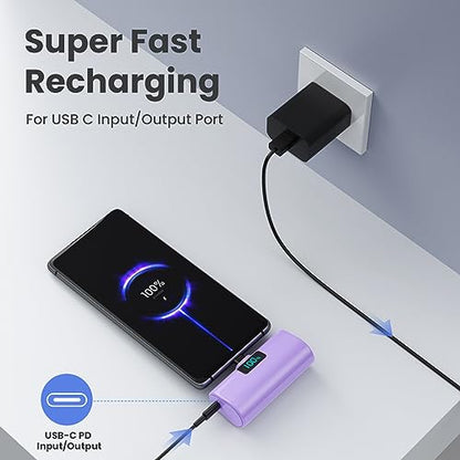 [2-Pack]Portable Charger for iPhone 16/15 Series,5200mAh PD USB C Power Bank Built-in USB-C Connector,Battery Pack Compatible with iPhone 16/16 Plus/16 Pro/16 Pro Max/15 Series,Android (Pink+Purple) - color: Pink+Purple