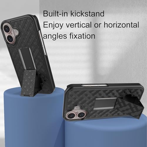 for iPhone 16 Stand Case, Belt Clip Holster Screen Protector-Black | Camera Lens Protector, Swivel Kickstand Holder, Slim Shell Pouch Full Body Protective, Rugged Shockproof Cell Phone Cover - size: iPhone 16