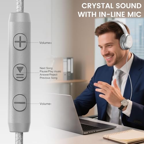 USB C Wired Over-Ear Headphones with Microphone - color: Silver