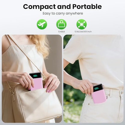 Portable Charger with Built-in AC Plug and Cables,13800mAh All in One USB C Fast Charging Power Bank,Travel Essentials Portable Phone Charger Battery Pack for iPhone 17/16/15/14/13,Galaxy,Android-Pink - color: Pink