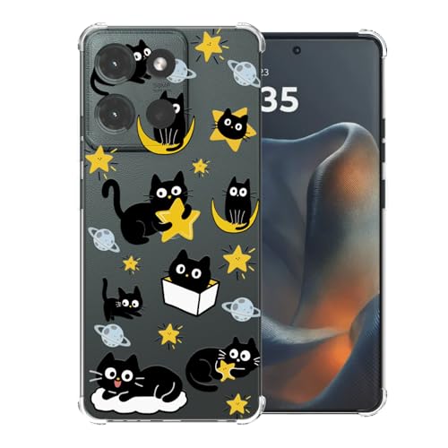 Black Cat & Star Pattern Clear TPU Case for Moto G 5G 2025 6.6 Inch - Flexible Transparent Shockproof Anti-Fingerprint Soft Bumper Painted Phone Cover - color: Black Cat & Star