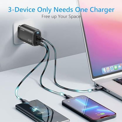GECENinov 65W USB C Charger Block, GaN 3-Port Fast Compact Foldable Wall Charger, Type C Power Adapter with 5 Feet USB C Cable for iPhone iPad MacBook Air/Pro, Galaxy, Laptop,etc (Black)