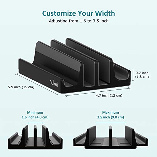 Vertical Laptop Stand - SPACEMax Adjustable GRIPLock Anti-Tip Silicone 4 Slots Aluminum Desktop Holder - Double Dock Stand - 2 Phone Slots Fits Up to 17.3” Laptops, Tablets, Phones - Black - color: Black