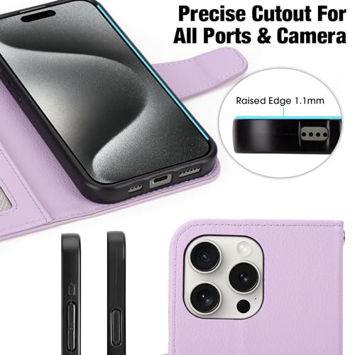 Arae Compatible with iPhone 15 Pro Max Case with Card Holder and Wrist Strap Wallet Flip Cover for iPhone 15 Pro Max 6.7 inch Men RFID Blocking Wristlet Kickstand,Litchi Lavander - color: Litchi Lavander, size: iPhone 15 Pro Max 6.7 inch