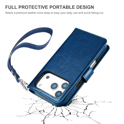 Bocasal Detachable Wallet Case Card Holder for iPhone 17 Pro, Blue | RFID Blocking Kickstand Card Slots Holder PU Leather Magnetic Shockproof Wrist Strap Removable Flip Protective Cover 6.3 inch - color: Blue