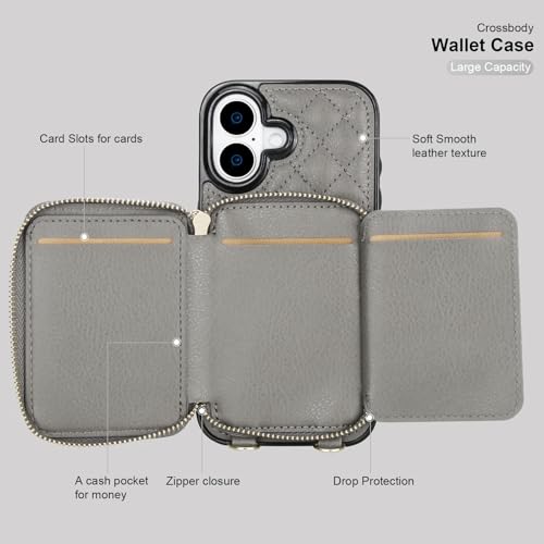 Bocasal Crossbody Wallet Case Card Holder for iPhone 17, Grey | RFID Blocking PU Leather Zipper Handbag Purse, Kickstand Flip Folio Case with Card Slots Holder Wrist Strap Lanyard 6.3 Inch - color: Gray