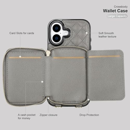 Bocasal Crossbody Wallet Case Card Holder for iPhone 17, Grey | RFID Blocking PU Leather Zipper Handbag Purse, Kickstand Flip Folio Case with Card Slots Holder Wrist Strap Lanyard 6.3 Inch - color: Gray