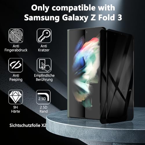 2 Pack Privacy Screen Protector for Samsung Galaxy Z Fold 3, Anti-Spy Tempered Glass, 9H Anti-Scratch, Case Friendly - size: for Galaxy Z Fold 3