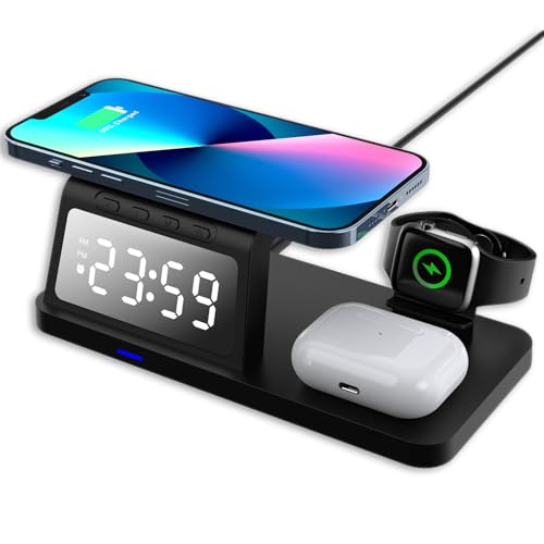 Sanpyl 3 in 1 Wireless Charging Station for Multiple Devices, 15W Fast Charging Station for Phone Watch Earbuds, with Alarm Clock, 19x10x6mm