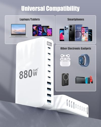 USB C Charger 880W USB C Charger Block,GaN IV 10-Port Charging Station Hub - color: White