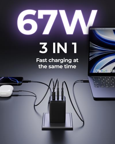 wegear 67W USB C Charger, 3-Port GaN Fast Charging Block with Foldable Plug - color: Black