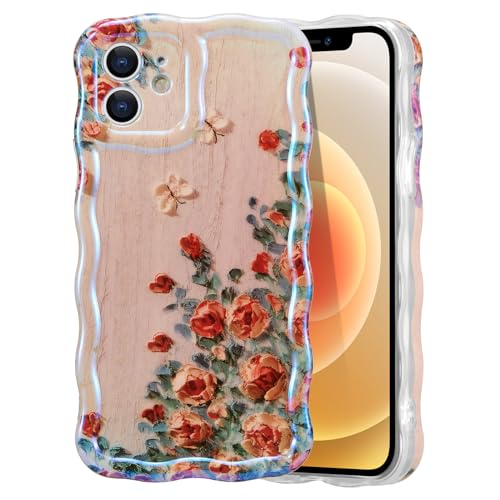 EYZUTAK Case for iPhone 11, Colorful Retro Oil Painting Print Flower, Beige | Laser Glossy Floral Pattern, Cute Curly Wave Edge, Exquisite Phone Cover, Stylish Durable TPU Protective Case for Girl Women - color: Beige, size: iPhone 11