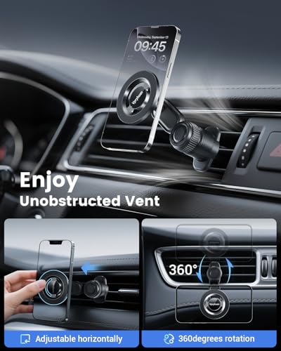 Vent Phone Holder for Your Car, Magnetic Air Vent Mount 360° Rotatable with Metal Ring, One-Hand Use for iPhone 16/15/14/13/12 (4.3-7.6") Non-Blocking View