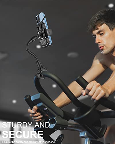 Gooseneck Spin Bike Phone Mount, Handlebar Clip Cell Phone Holder for Exercise Bicycle, Stationary Cycling, Stroller, Gym Treadmill for iPhone 17 Pro Max Air 16 15 14 13 12 and 4-7" Smartphones