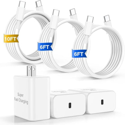 45W Fast Charger for iPhone 17 Pro Max, Super Fast USB C (6+6+10) FT Cables - color: White