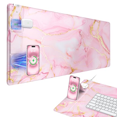 Wireless Charging Mouse Pad with Phone Holder, 31.5"x15.8" in, Pink Marble - color: Pink Marble-Phone Holder-31.5"x15.8"